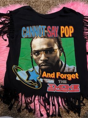 Custom Pop Smoke Graphic Fringe Tank Top DIY Distressed Rap Tee Women’s L